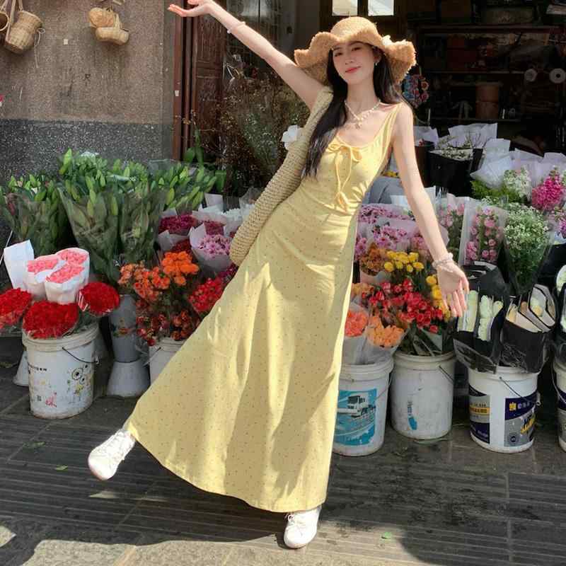 カジュアル ライト イエロー 花柄 ワンピース ドレス ホリデー ウエスト フレンチ ロング スカート