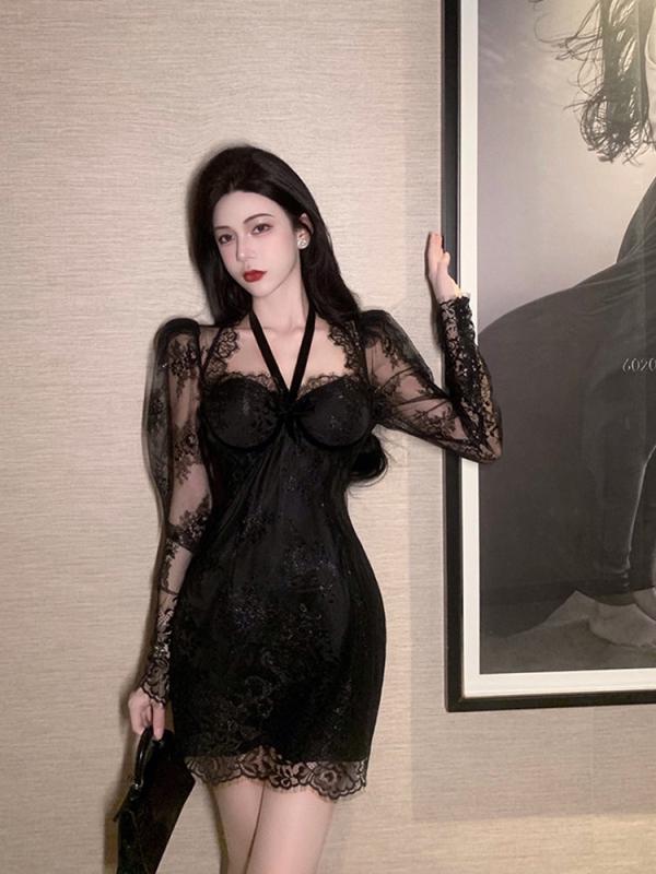 黒 スクエアネック レース 長袖 ドレス ヒップ バースデー パーティー