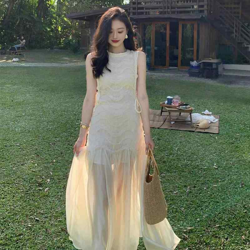 海辺 フレンチレース 襟 ノースリーブドレス