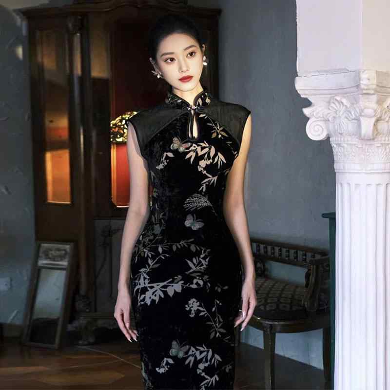 チャイナドレス 黒 ベルベット