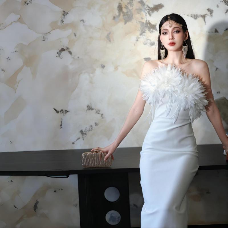 ホワイト スワン フェザー チューブ トップ ドレス ショー ボディ バンデージ パーティー ミニ