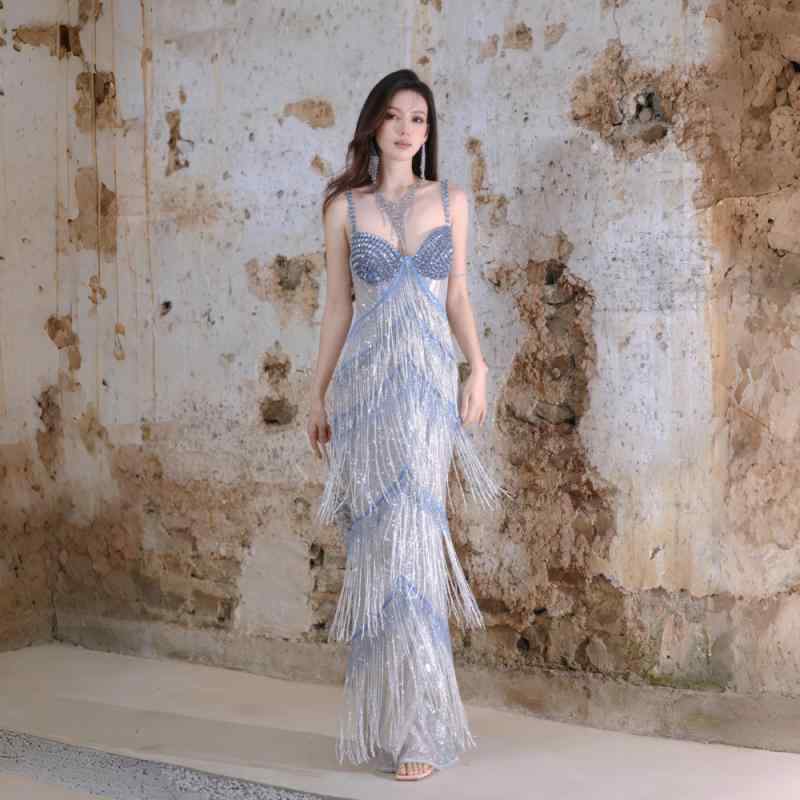 グリッターフリンジドレスラインストーン