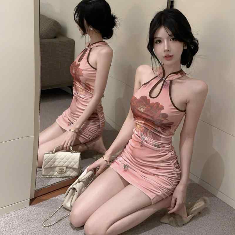 レトロ タイト スカート チャイナドレス スリム ホルターネック