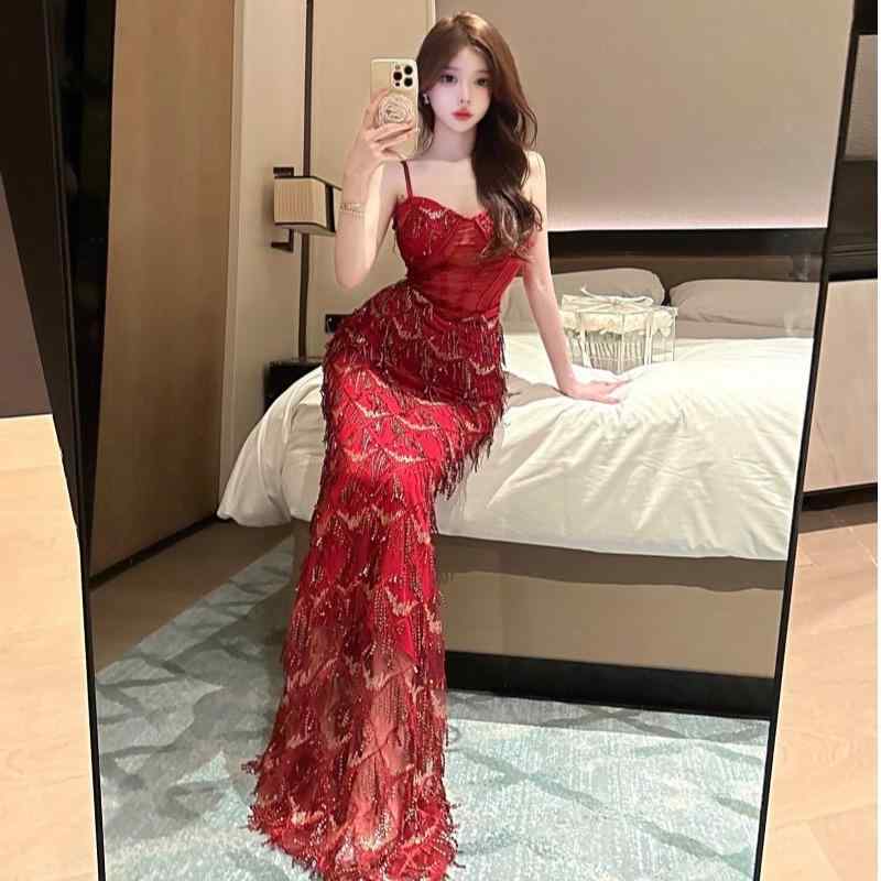 乐天商城 - ハイエンド 軽量 イブニングドレス フロア ワンピース ドレス スパンコール ホスト