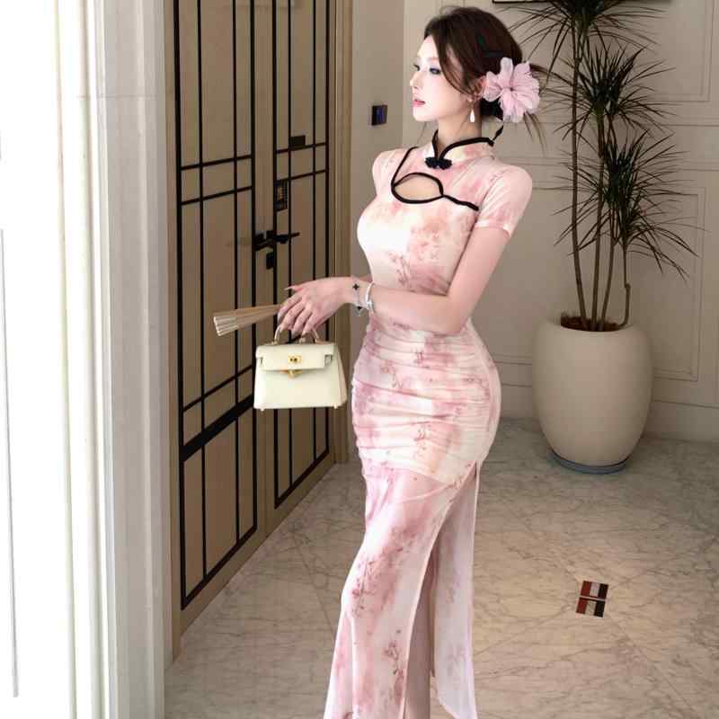 レトロ 民族 スプリット ダンス メッシュ ロング チャイナドレス