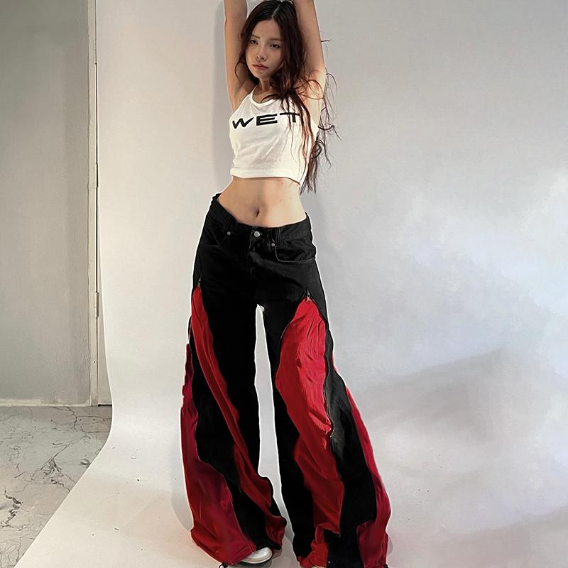 服 ヒップ ホップ 黒 赤 コントラスト ジッパー ワイド レッグ パンツ 機能的 デニムパンツ