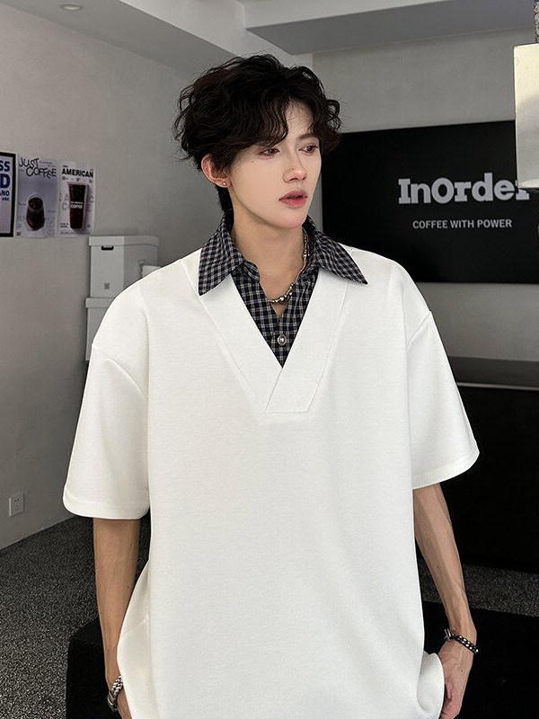 メンズ ファッション 服 男性用 オシャレ シンプル 大人 かっこいい ストリート フェイク ツーピース ディープ Vネック 半袖 Tシャツ ゆったり 夏 チェック柄 ステッチ ポロシャツ トップス