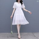 レディース ファッション 服 オシャレ カワイイ 女性用 シンプル 大人カワイイ 大きいサイズ 婦人服 ハイエンド テンセル ドレス 夏 ベルト Vネック レース 白 シフォン スカート