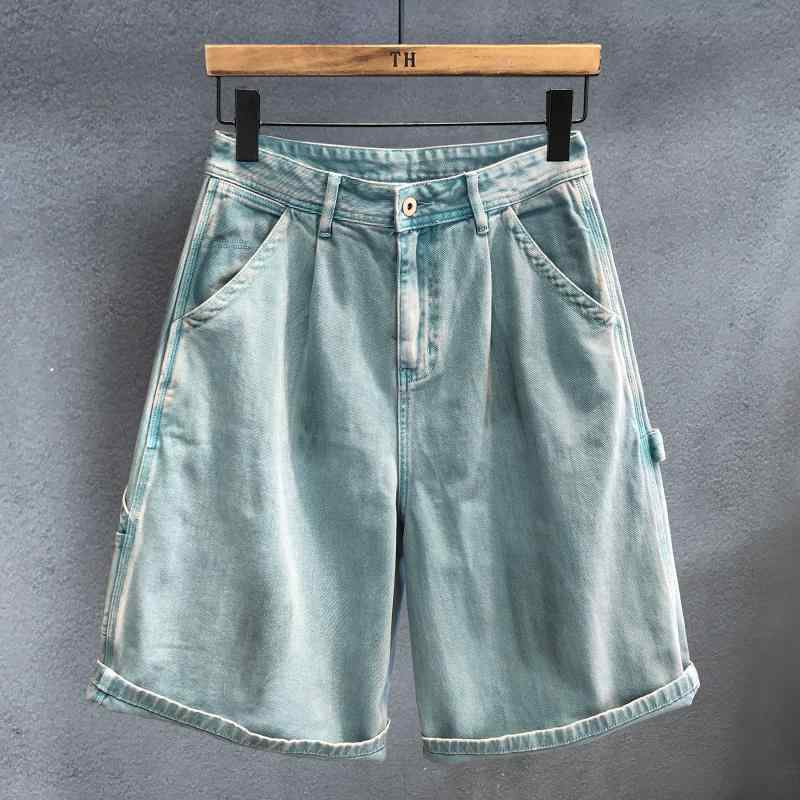 Cotton Pants - メンズ ファッション 服 男性用 オシャレ シンプル 大人 かっこいい ストリート ブルー ウォッシュ加工 コットン 六分丈 デニム パンツ ズボン 履物 ストレート アメリカン