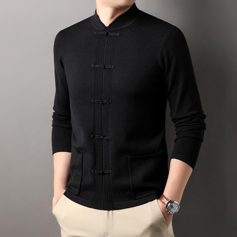 メンズ ファッション 服 男性用 オシャレ シンプル 大人 かっこいい ストリート カジュアル 唐装 スタンドカラー ボタン ニット レイヤリング シャツ 男性用 スリム 無地 薄手 セーター