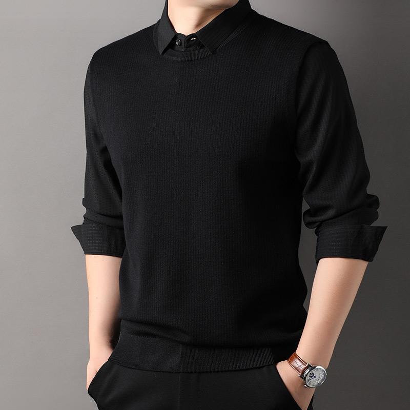 メンズ ファッション 服 男性用 オシャレ シンプル 大人 かっこいい ストリート フェイク ツーピース スーツ ビジネス 薄手 シャツ カラー ニット 長袖 無地 Tシャツ レイヤリング