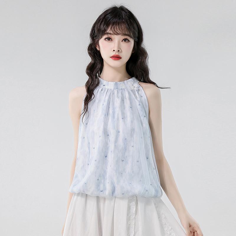 秋コーデ レディース ファッション フレンチ ハイエンド 花柄 ホルターネック シフォン シャツ ゆったり スリム ノースリーブ トップス シャツ