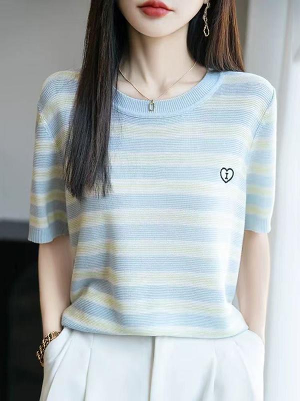 秋コーデ レディース ファッション ストライプ ラブ 半袖 Tシャツ スタイル ハイエンド スタイリッシュ スリム ニット トップス