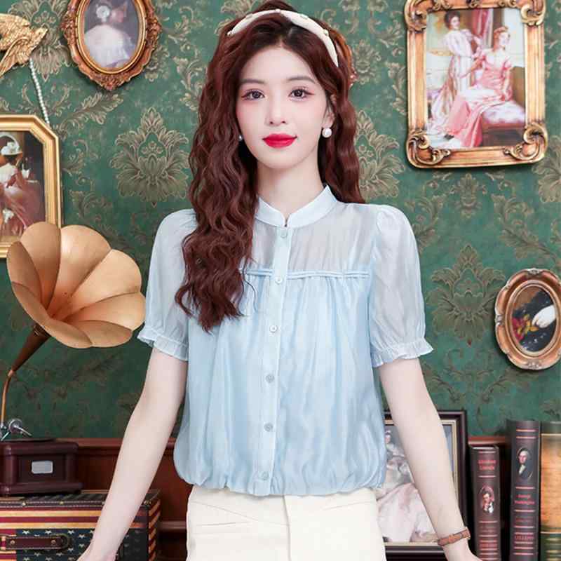 秋コーデ レディース ファッション フレンチ 半袖 シフォン シャツ 女性用 夏 スタイル 花 つぼみ シャツ