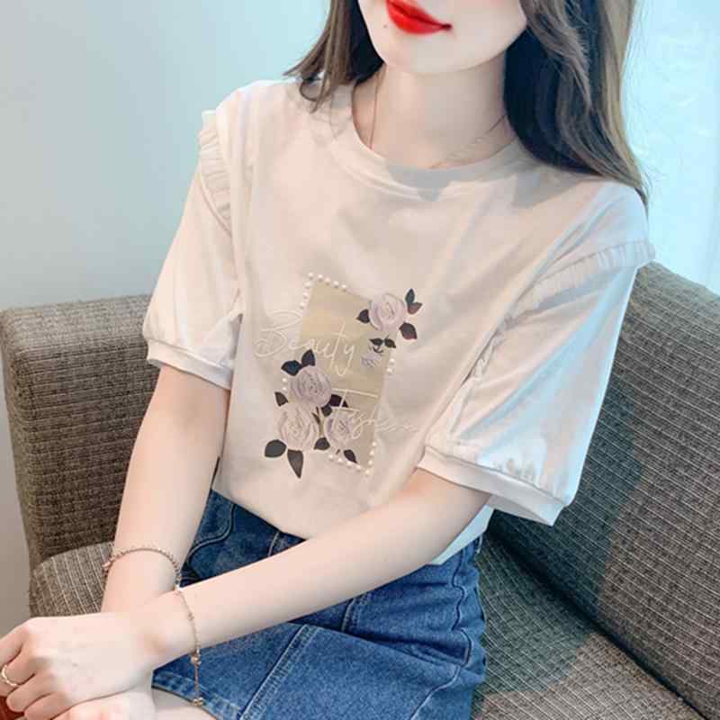 Three-Quarter - 秋コーデ レディース ファッション プリント ストレート ショルダー 半袖 Tシャツ 綿 トップス