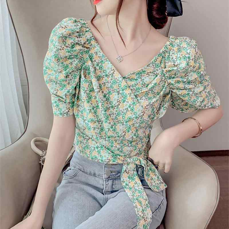 乐天商城 - 秋コーデ レディース ファッション フレンチ フローラル 半袖 シフォン シャツ 女性用 プリント Vネック シック シャツ