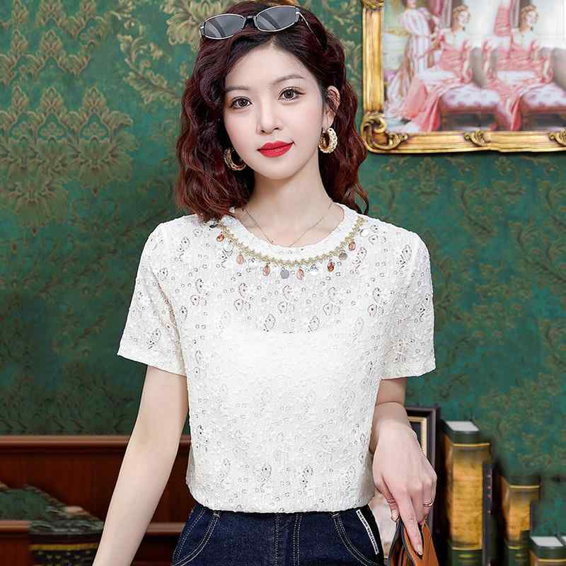 秋コーデ レディース ファッション ラウンドネック ストレート ショルダー 半袖 Tシャツ スタイル シック スリム レース トップス ブラウス