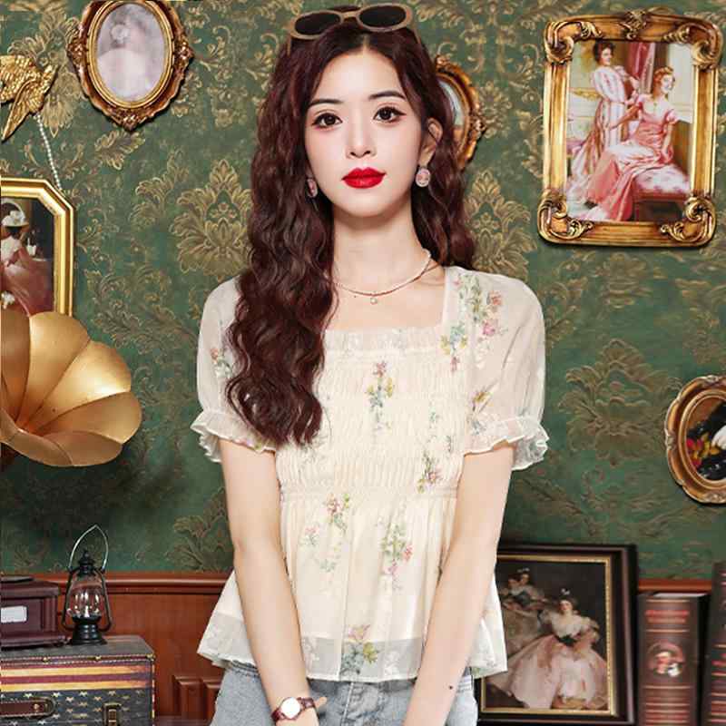 Rakuten - 秋コーデ レディース ファッション フレンチシック 花柄 半袖 シフォン シャツ ウエスト アップ トップス