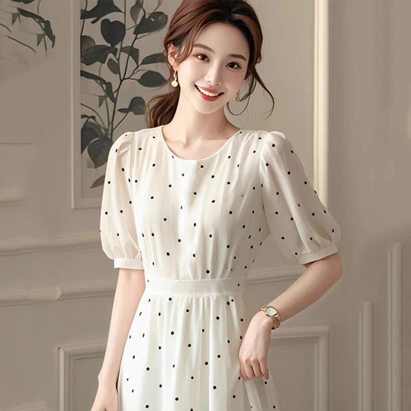 秋コーデ レディース ファッション 女性用 白 ドット シフォン ドレス 軽量 ハイエンド ハイエンド エレガント スリム スカート