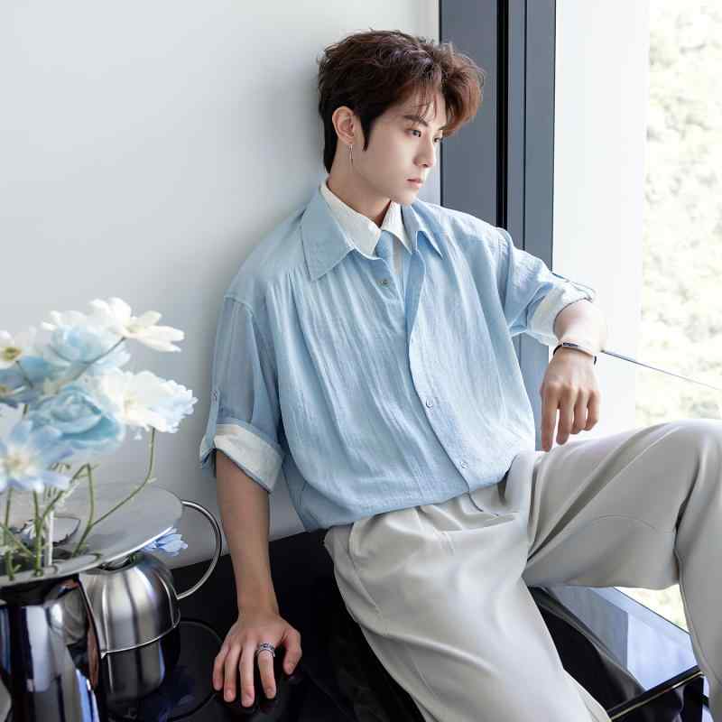 乐天商城 - メンズ ファッション 服 男性用 オシャレ シンプル 大人 かっこいい ストリート ラグジュアリー リネン フェイク ツーピース シャツ