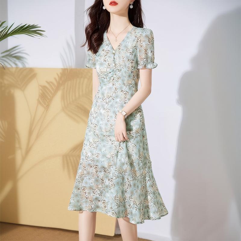 秋コーデ レディース ファッション Vネック 花柄 シフォン ワンピース 女性用 スタイル プリント エレガント ミドル丈 スカート