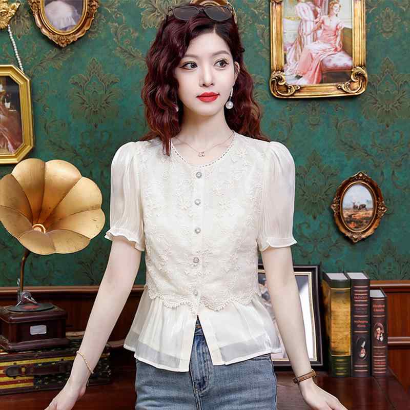 Rakuten - 秋コーデ レディース ファッション フレンチ ハイエンド 半袖 シャツ 女性用 レース ウエスト トップス