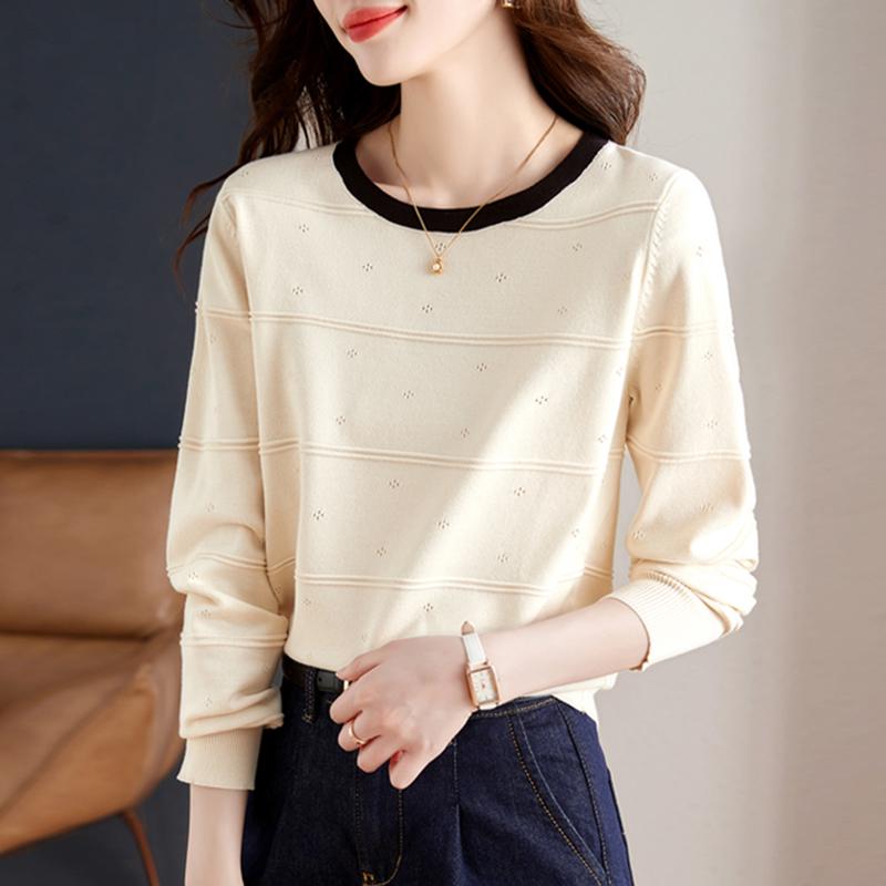 秋コーデ レディース ファッション ストライプ ラウンドネック 長袖 ニット レイヤリング シャツ 秋冬 秋服 スタイリッシュ インナー トップス T