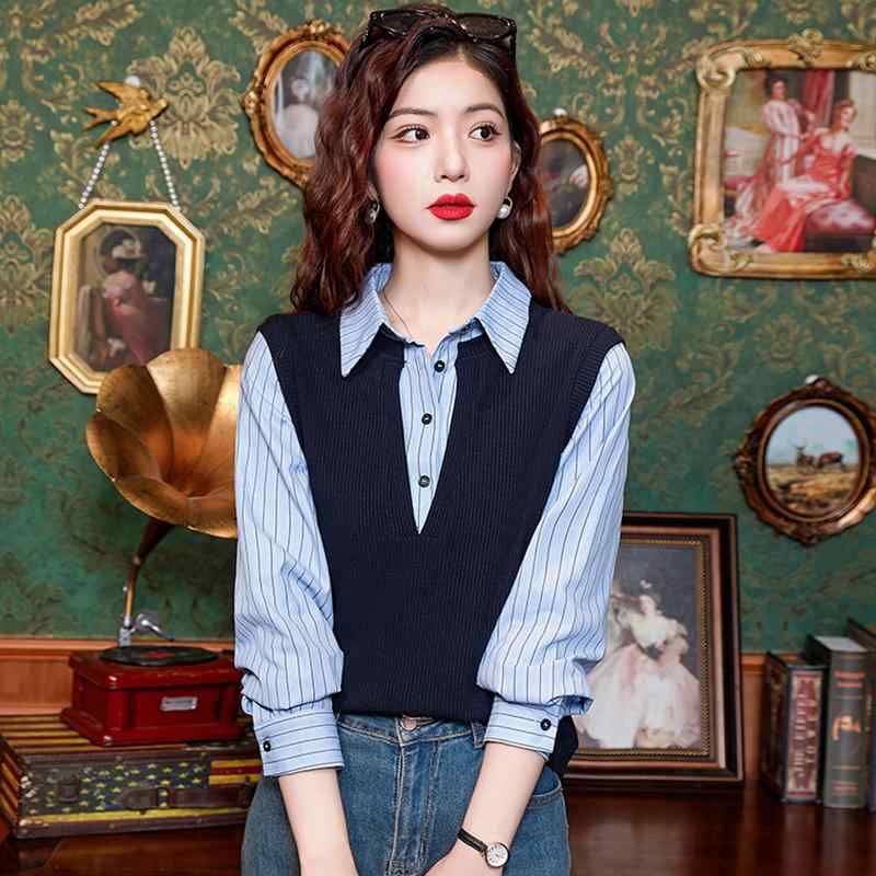 秋コーデ レディース ファッション フレンチ ストライプ 長袖 シャツ 秋 ニット フェイク ツーピース トップス