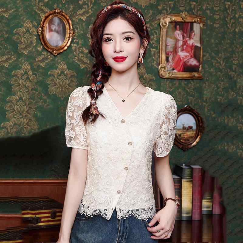 秋コーデ レディース ファッション Vネック レース トップス 半袖 シャツ 女性用 フレンチ ウエスタンスタイル