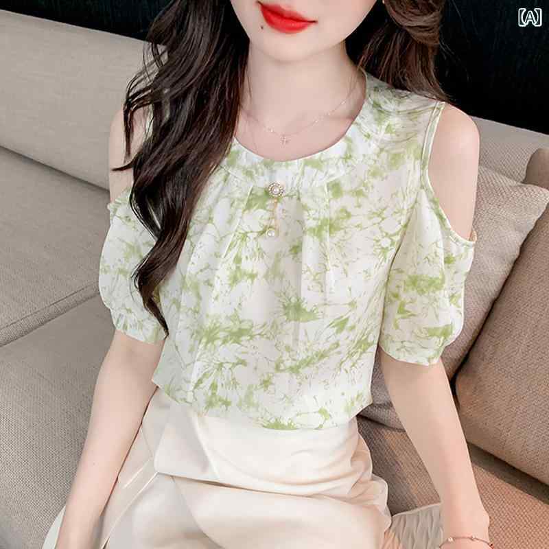 秋コーデ レディース ファッション フレンチ フローラル オフショルダー 半袖 Tシャツ シック シフォン トップス