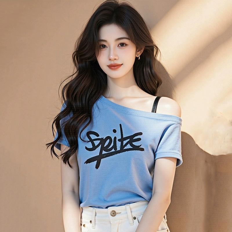 秋コーデ レディース ファッション 女性用 ハイエンド 半袖 Tシャツ サスペンダー オフショルダー トップス