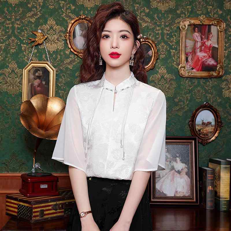 秋コーデ レディース ファッション トップス スカート 半袖 シフォン シャツ ホワイト スタンドカラー シャツ 婦人服