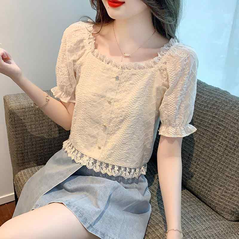 秋コーデ レディース ファッション フレンチ パフスリーブ スクエアネック 半袖 シフォン シャツ レース シャツ トップス