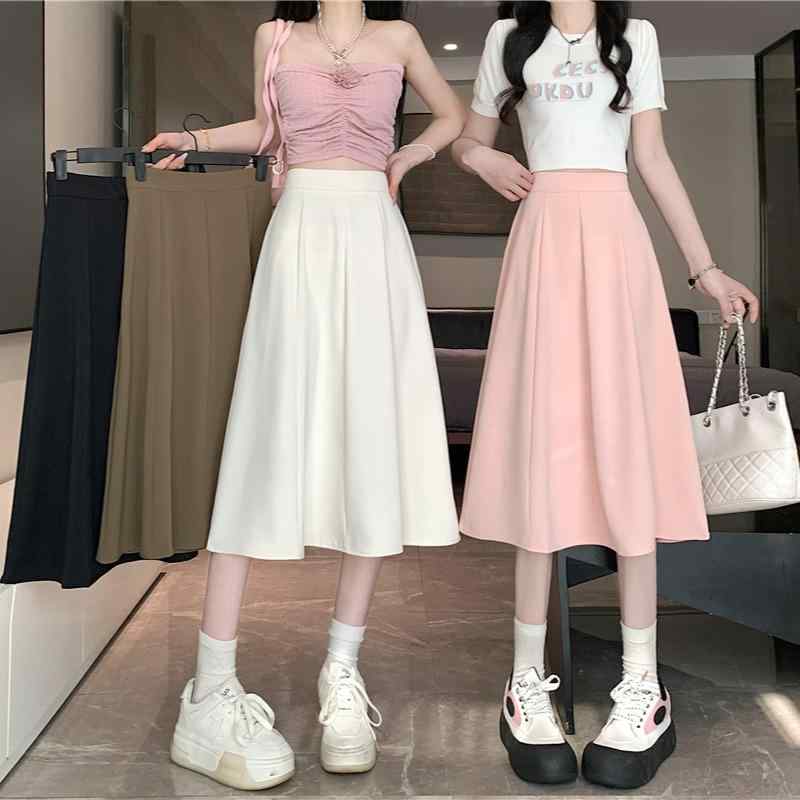 秋コーデ レディース ファッション 大きいサイズ 女性用 服 白 スカート ハーフ ハイウエスト スリム ミディアム ロング Aライン プリーツスカート