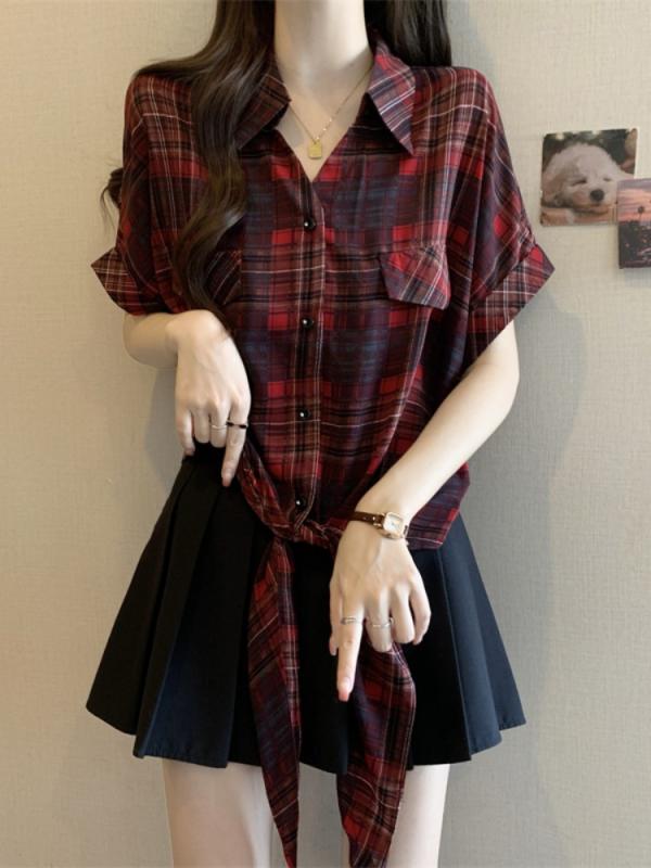 秋コーデ レディース ファッション 女性用 ハイエンド 赤 チェック柄 半袖 シャツ ストレート ショルダー スリミング フレンチ シフォン トップス