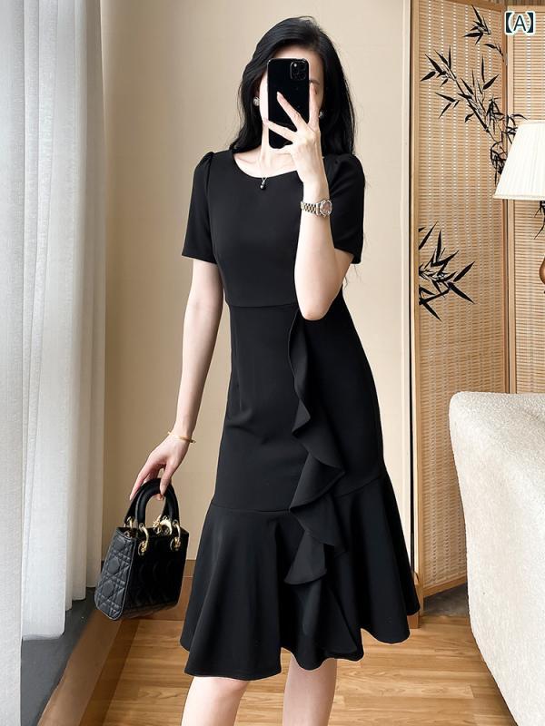 レディース ファッション 服 オシャレ カワイイ 女性用 シンプル 大人カワイイ 大きいサイズ 婦人服 フィッシュ テール ヒップ ドレス ショート サマー ウェア 黒 スカート