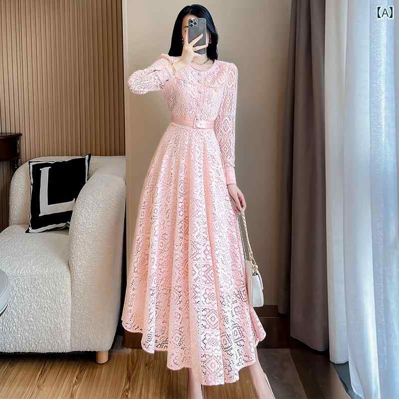 レディース ファッション 服 オシャレ カワイイ シンプル 大人カワイイ 大きいサイズ フレンチ レース ドレス ピンク イブニングドレス ロング スカート