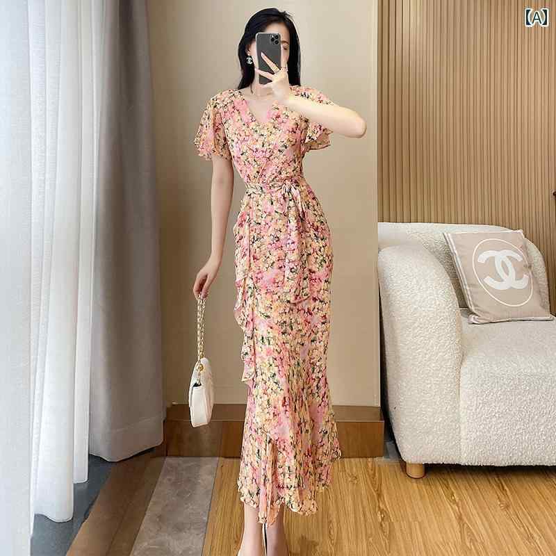乐天商城 - レディース ファッション 服 オシャレ カワイイ 女性用 シンプル 大人カワイイ 大きいサイズ 婦人服 ティーブレイク フレンチ ドレス 夏 花柄 シフォン 上品 スリム ロング スカート