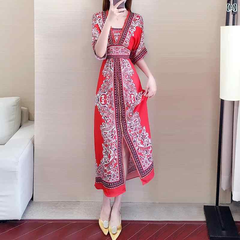 レディース ファッション 服 オシャレ カワイイ 女性用 シンプル 大人カワイイ 大きいサイズ 婦人服 夏 花柄 シフォン ドレス 夏 エスニック アジアン ドレス スカート ウエスト スリム