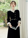 レディース ファッション 服 オシャレ カワイイ 女性用 シンプル 大人カワイイ 大きいサイズ 婦人服 フレンチ 黒 エレガント ベルベット ハイエンド ウエスト スリム 長袖 ドレス ロング スカート