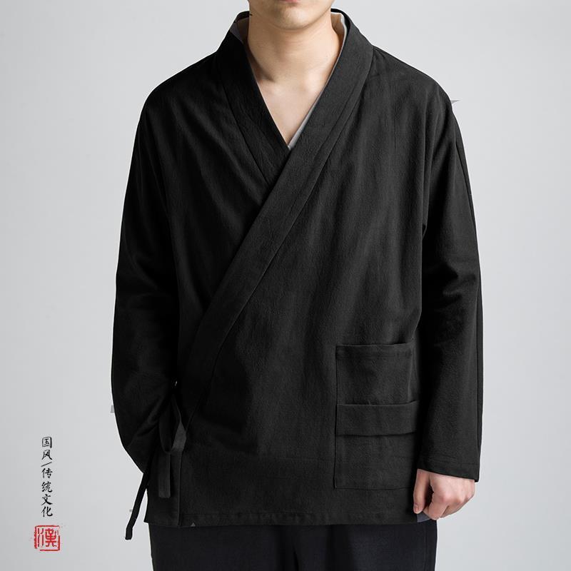 漢服 コート 男性用 斜襟 カーディガン レトロ コットン リネン 若者 秋季 オールシーズン 通勤 カジュアル レジャー 暖かい 軽量 ミドル丈 ミドル丈 知性風