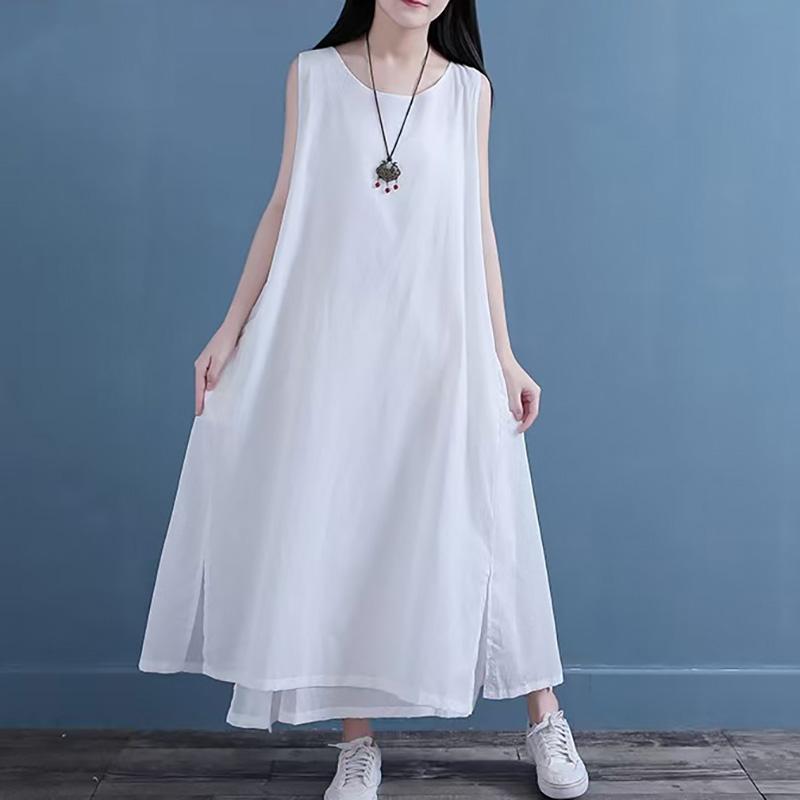秋コーデ レディース ファッション ハイエンド ホワイト ラミー ノースリーブベスト ドレス 海辺 ゆったり リネン ロング スカート