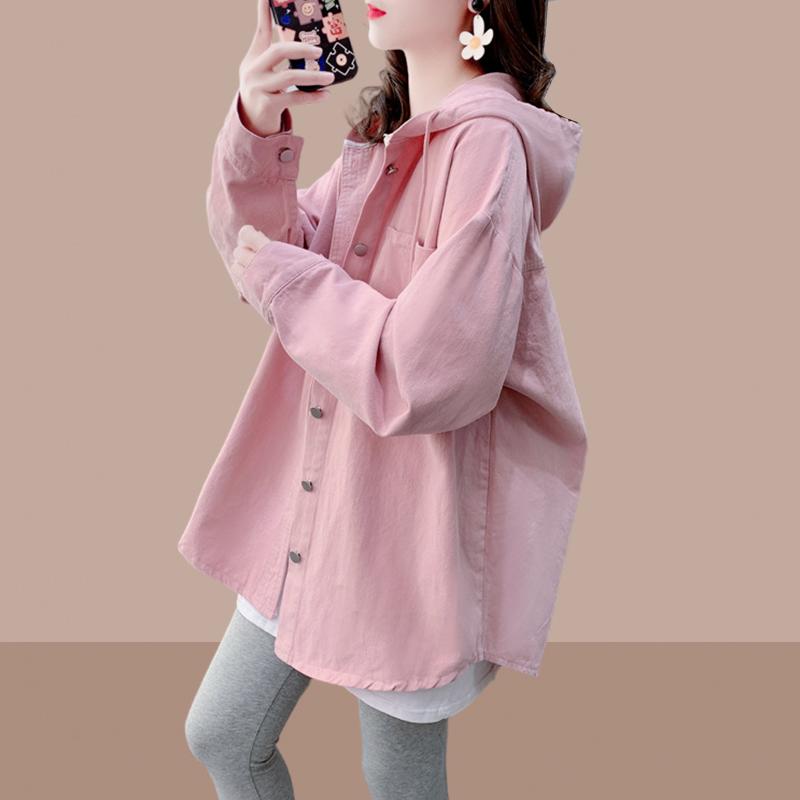 秋コーデ レディース ファッション 大きいサイズ ピンク フード付き デニム シャツ ジャケット 春秋 ミドル丈 トップス