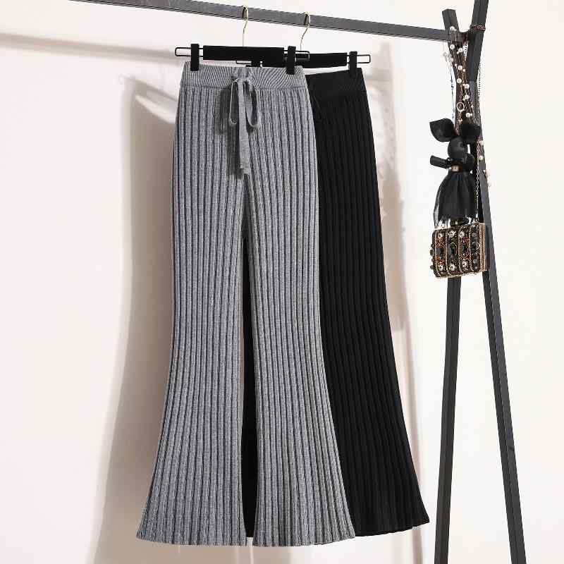 秋コーデ レディース ファッション ハイウエスト スリム ニット パンツ 秋冬 大きいサイズ フレア ワイドレッグ