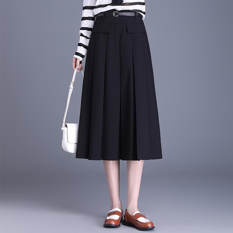 秋コーデ レディース ファッション ブラック スカート フレンチ ハイウエスト Aライン プリーツ 通勤