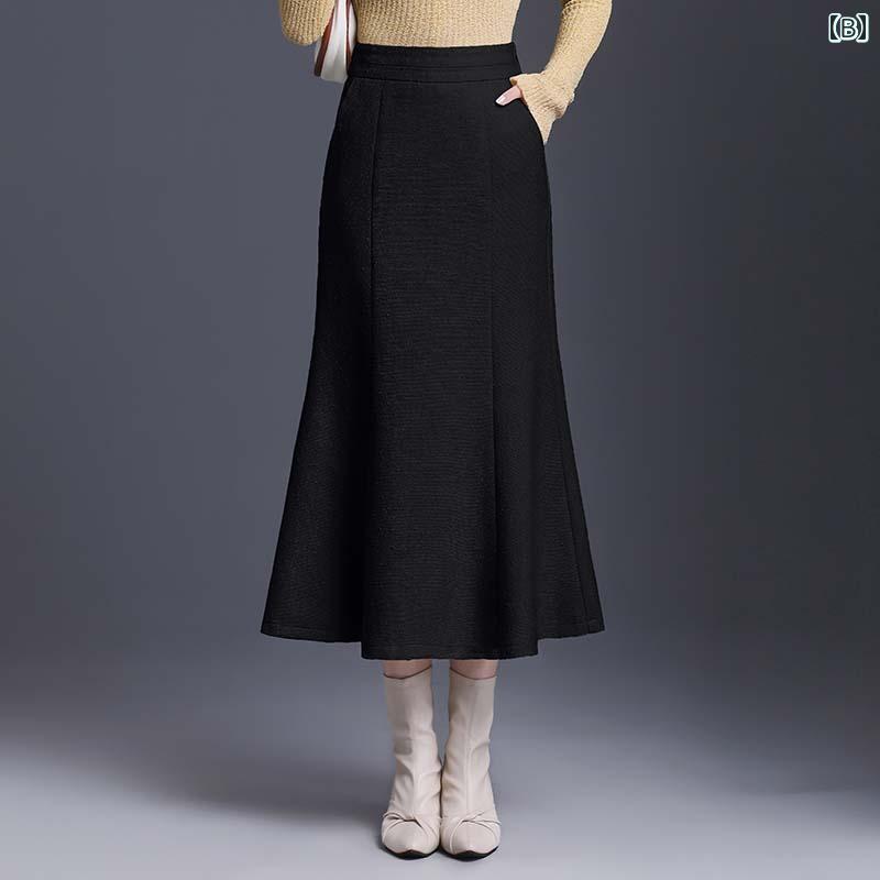 秋コーデ レディース ファッション 女性用 秋冬 ハイウエスト スリム ウール スカート スタイル ロング 白 ラップ フィッシュテール