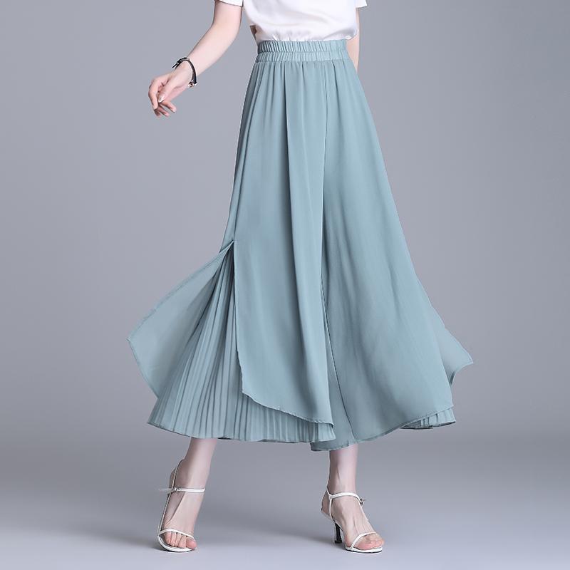 秋コーデ レディース ファッション フローティング スカート パンツ ワイドレッグ ハイウエスト シフォン 八分丈 パンツ スリム