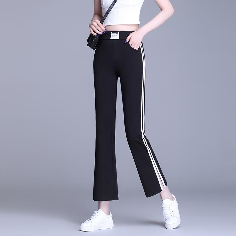 秋コーデ レディース ファッション フレア スポーツ パンツ ハイウエスト スリミング スリット フレア パンツ 九分丈 ストレート ストライプ カジュアル