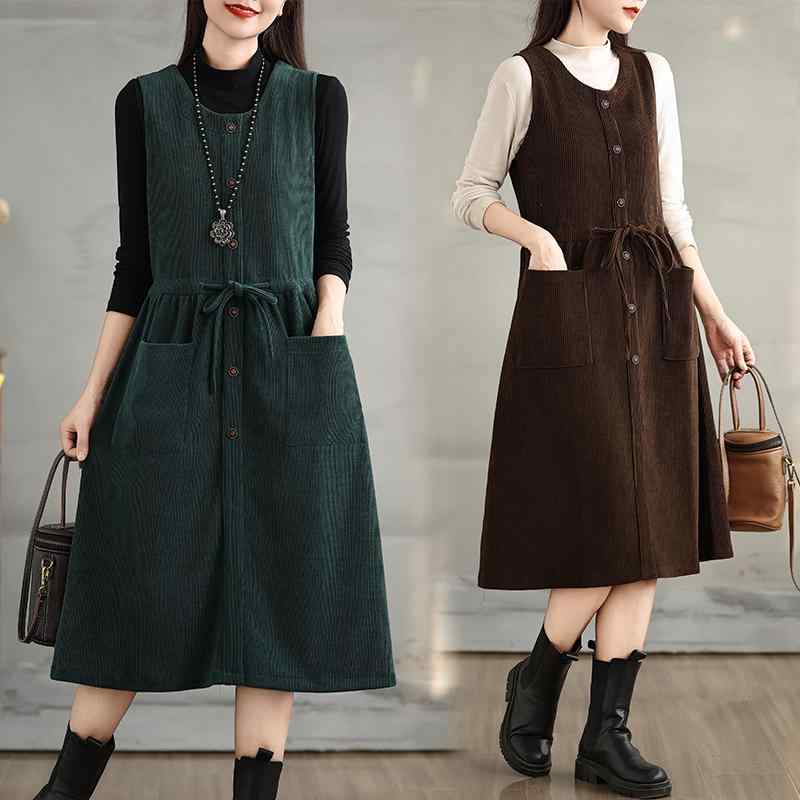 秋コーデ レディース ファッション ワンピース ドレス 秋冬 スタイル 大きいサイズ コーデュロイ Aライン スカート