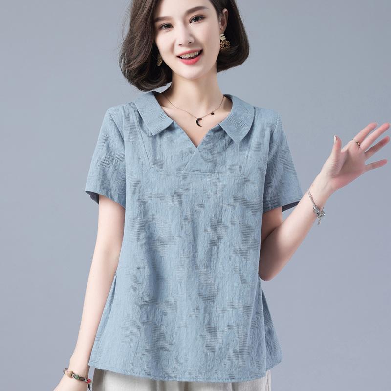 秋コーデ レディース ファッション 半袖 シャツ 綿 ポロ カラー 薄手 トップス